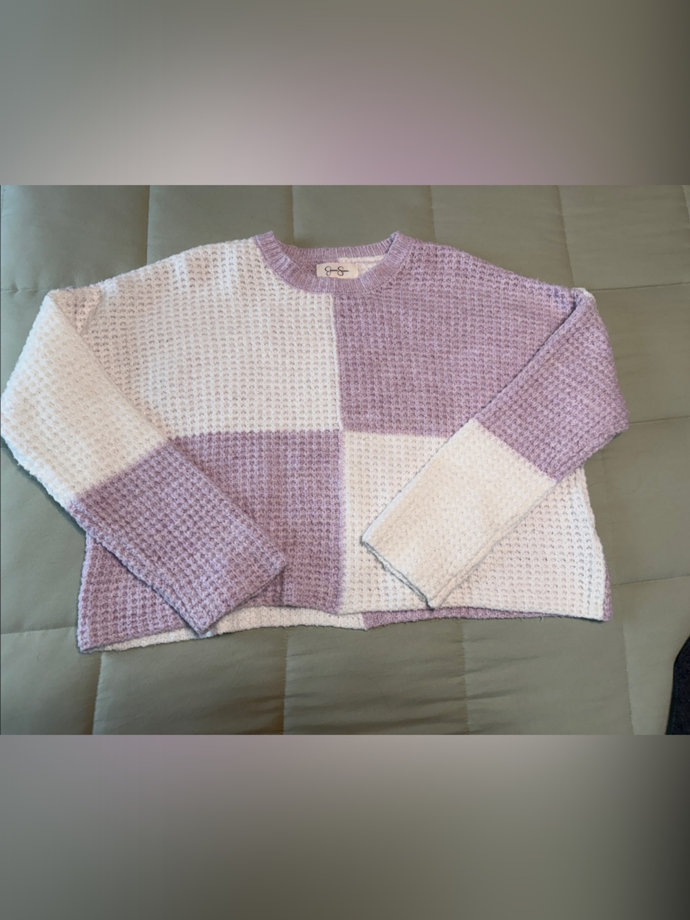 Jessica Simpson Lavender and Cream Colorblock Waffle Knit Crew Sweater